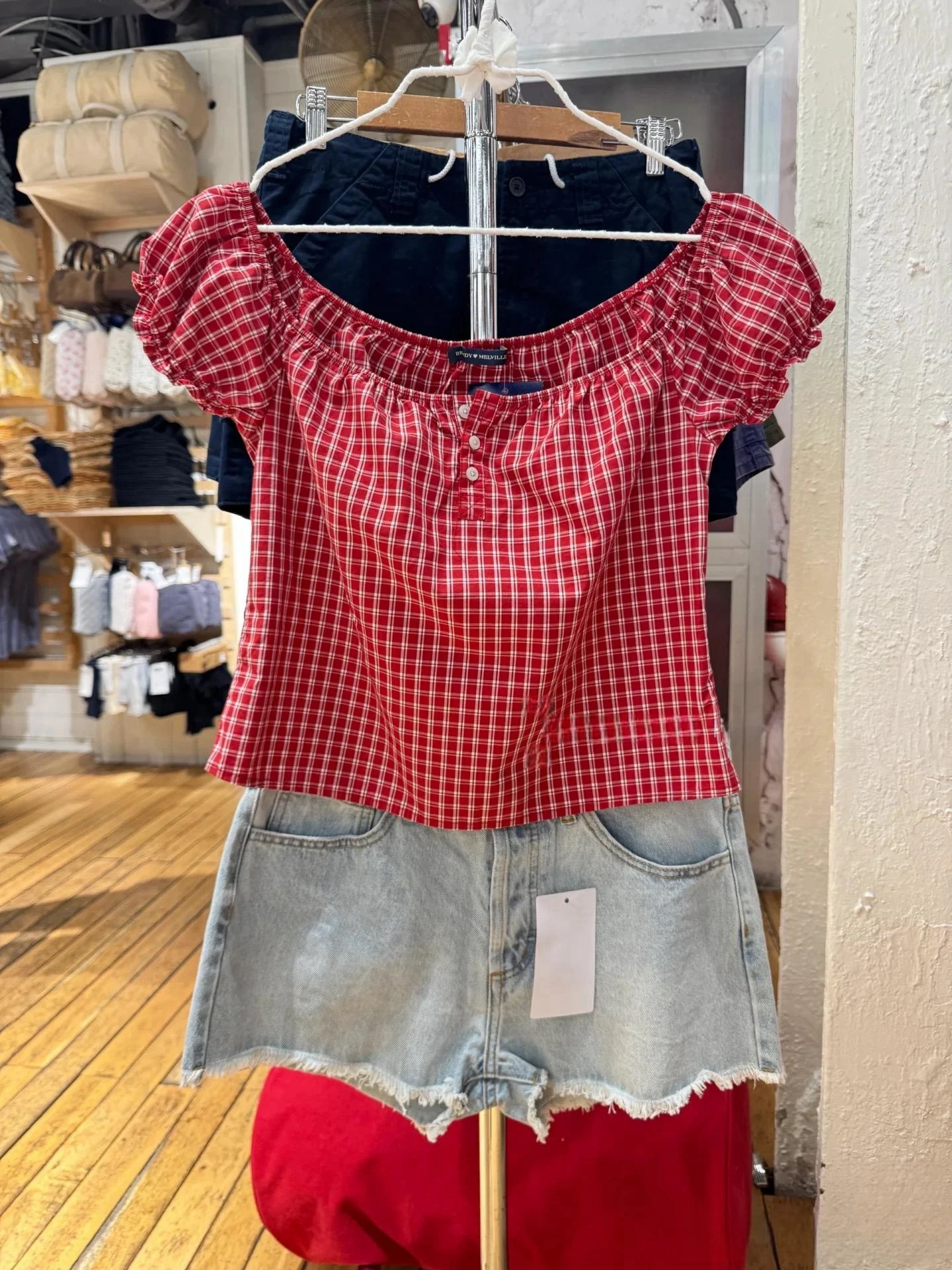 

Brandygirl Red Plaid Square Collar Bubble Sve ort Sve irt Vintage oulder Bared Top Cotton Commute Sle Loose Fit