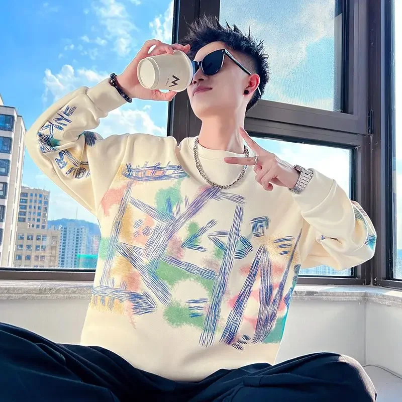 Men's T-shirts Round Neck Graffiti Male Pullover 100℅ Cotton White Printed One Piece Tee Aesthetic Full Long Sleeve Sweatshirt