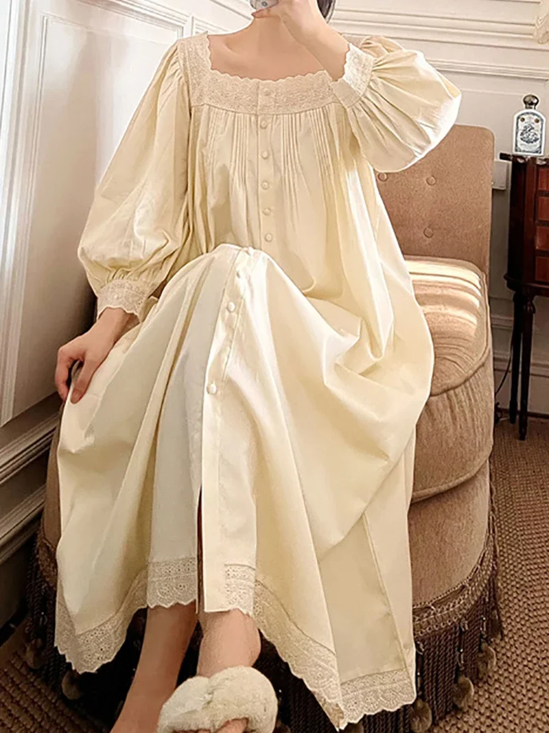 Women Night Dress Spring Autumn Pure Cotton Long Sleeve Peignoir Romantic Vintage Nightgowns Sleepwear Princess Nightwear