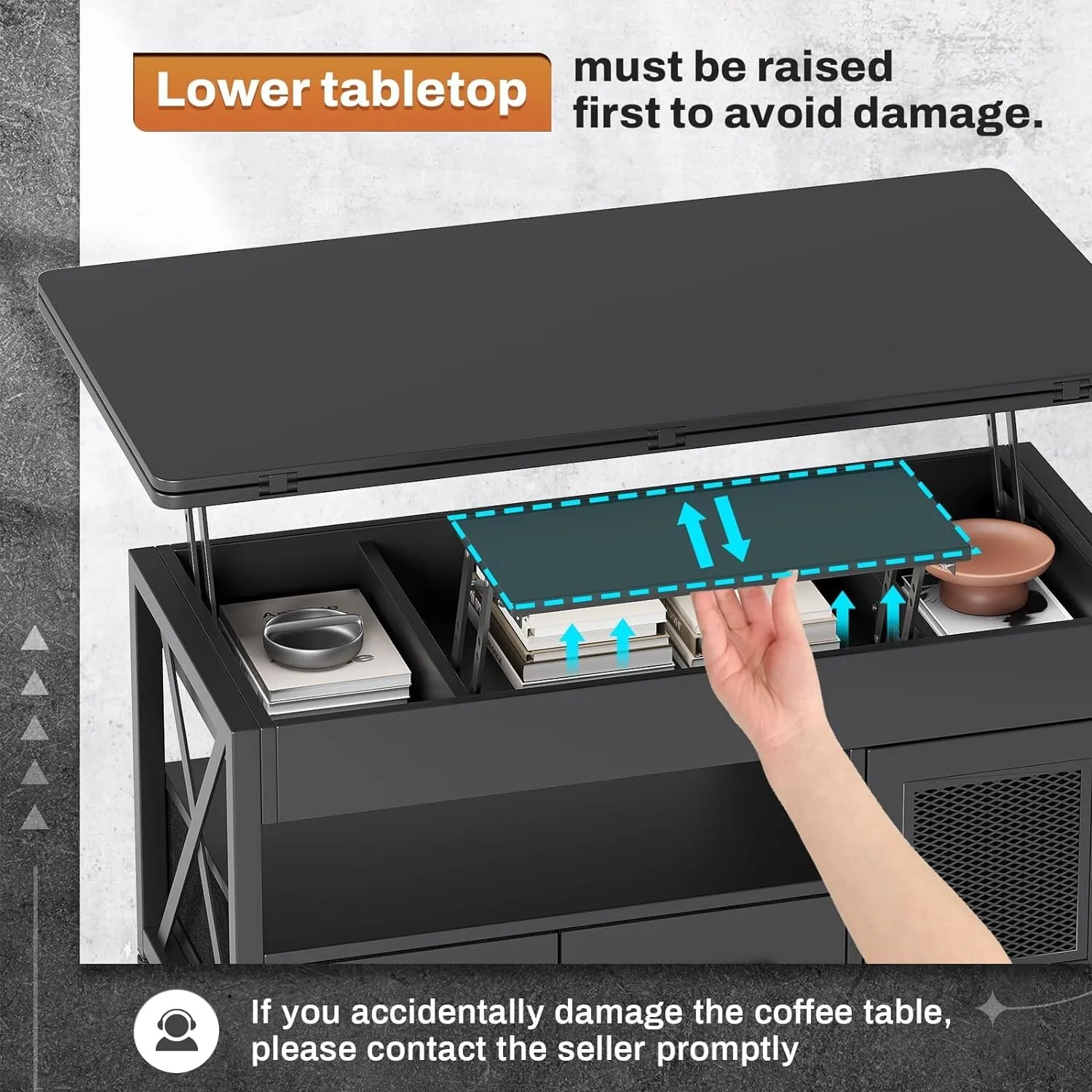 طاولة قهوة Cafe TablesLift مقاس 40 بوصة مع أدراج مخفية وإضاءة LED لغرفة المعيشة الحديثة باللون الأسود