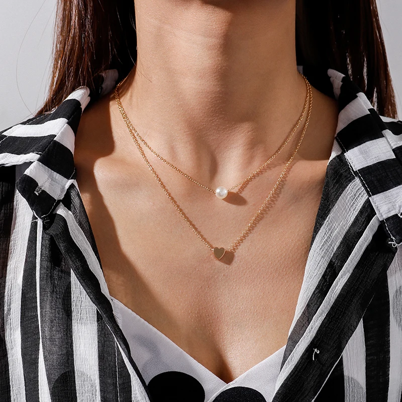 Aihua Neue Doppelschicht Halskette Für Frauen Imitation Perle Herz Anhänger Halsketten Mädchen Günstige Jewely Geschenke – Detail 3