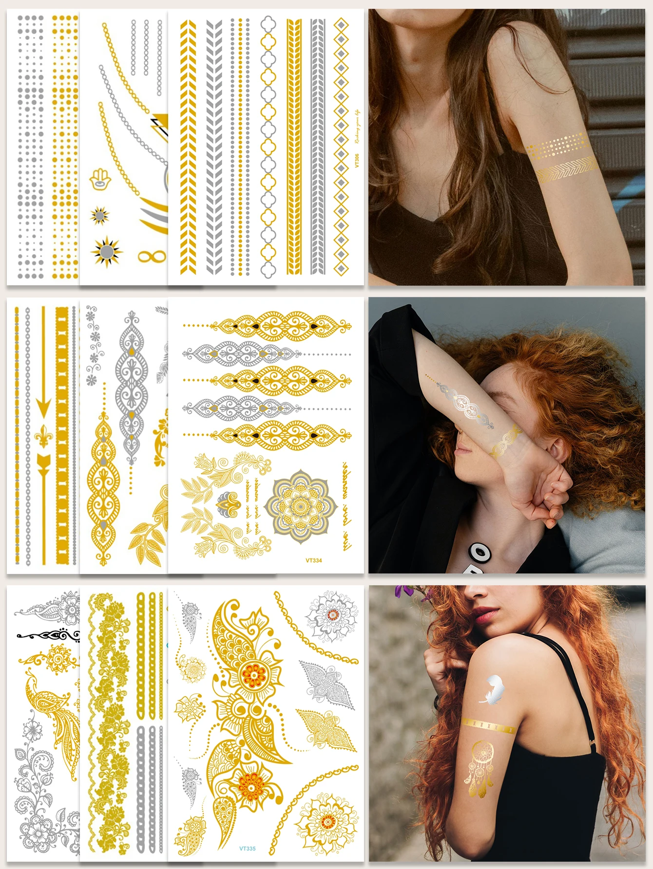 

9Sheets Gold Temporary Tattoos,Henna Designs Tattoos,Flash Gold Tattoos Temporary Women Adult Glitter Tattoo Flash Body Art