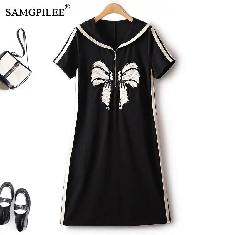 

Summer Dresses For Women 2023 New Bowknot Black Korean Fashion Side Tape Slim Casual Short Sleeve Elegant Female Dress 4XL