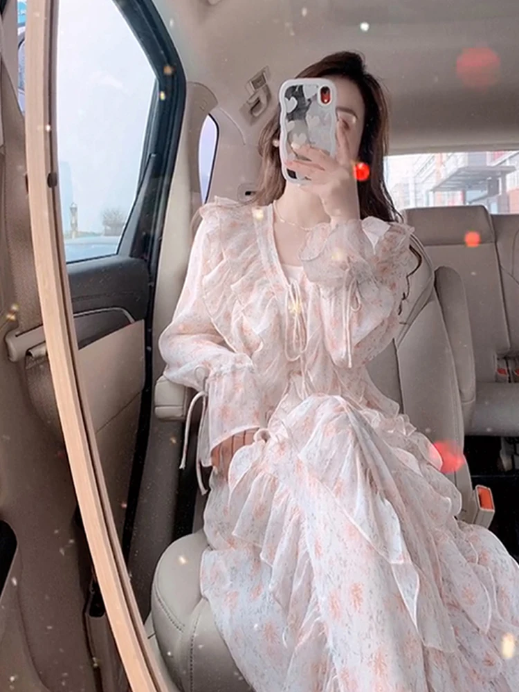 

Early Autumn Silk Chiffon Floral Print Dr V-Ne Wooden Ear Trim High Waist A-Line Long Skirt Korean Sle Commute Dr