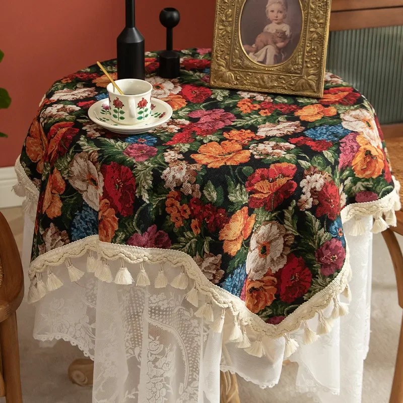 

Floral Linen Cotton Tablecloth with Tassel Retro Nappe De Table Cover Round Dining TableCover Tea Table Cloth Tafelkleed