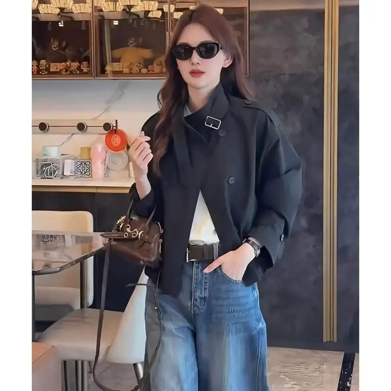 

Design Sense Double-breasted Short Trench Coat Women's Spring and Autumn Clothing New Casual Loose Ins Long-sleeved Jacket Top