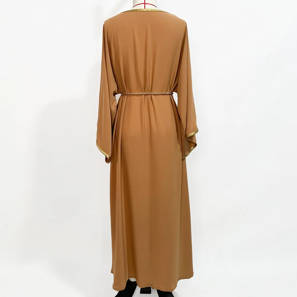 Hand Stitched Drill Abaya for Women Travel Holiday Long-sleeved Dress Elegance Musulman De Mode Maxi Robe Turkey Islam Clothing