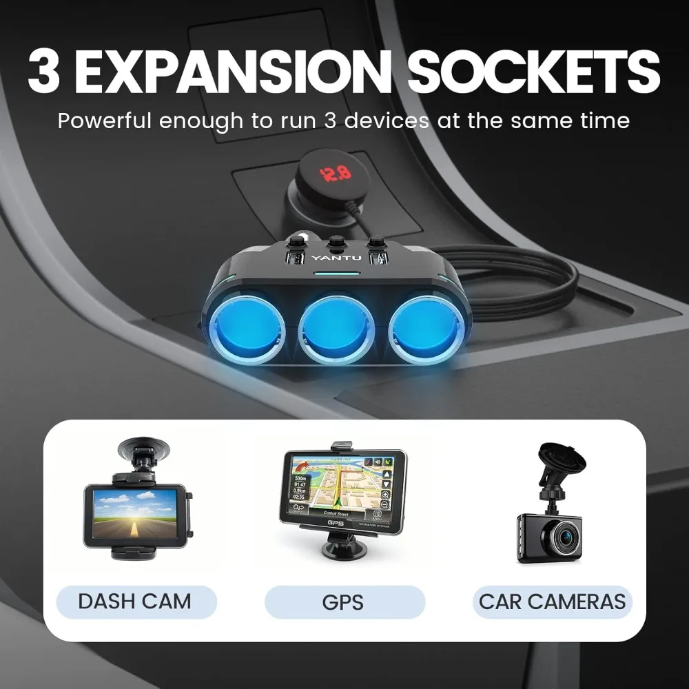 محول ولاعة سجائر YANTU ومقسم مع 3 مقابس بقدرة 150 وات وإضاءة محيطة LED، ومخرج سيارة مزدوج USB للشحن السريع 12 فولت