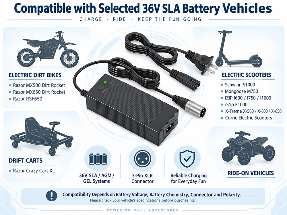 36V 2A Battery Charger for Razor MX500, MX650, GT GT750, IZIP I600, I1000, Mongoose M750, X-Treme X-600, Schwinn S600 ST1000
