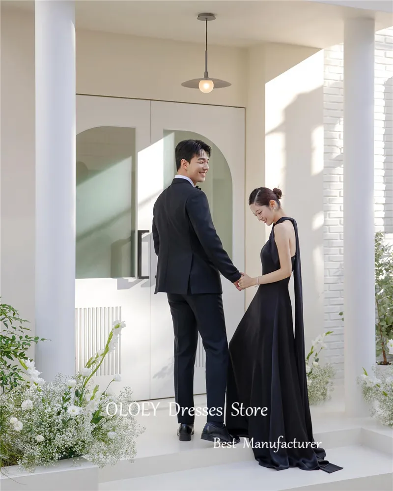 OLOEY Simple Black Korea Evening Dresses A Line Halter Soft Satin Floor Length Wedding Party Dress Long Formal Party Gowns