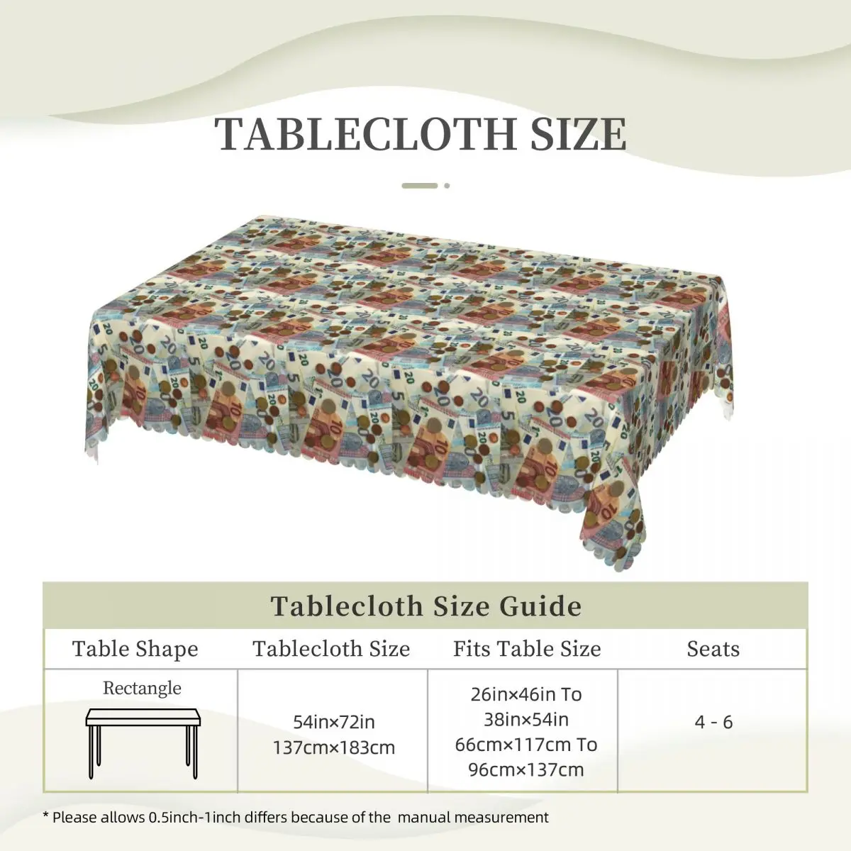Euro Banknotes And Coins Custom Rectangular Tablecloth Waterproof Table Cover for Dining Events Table Cloth