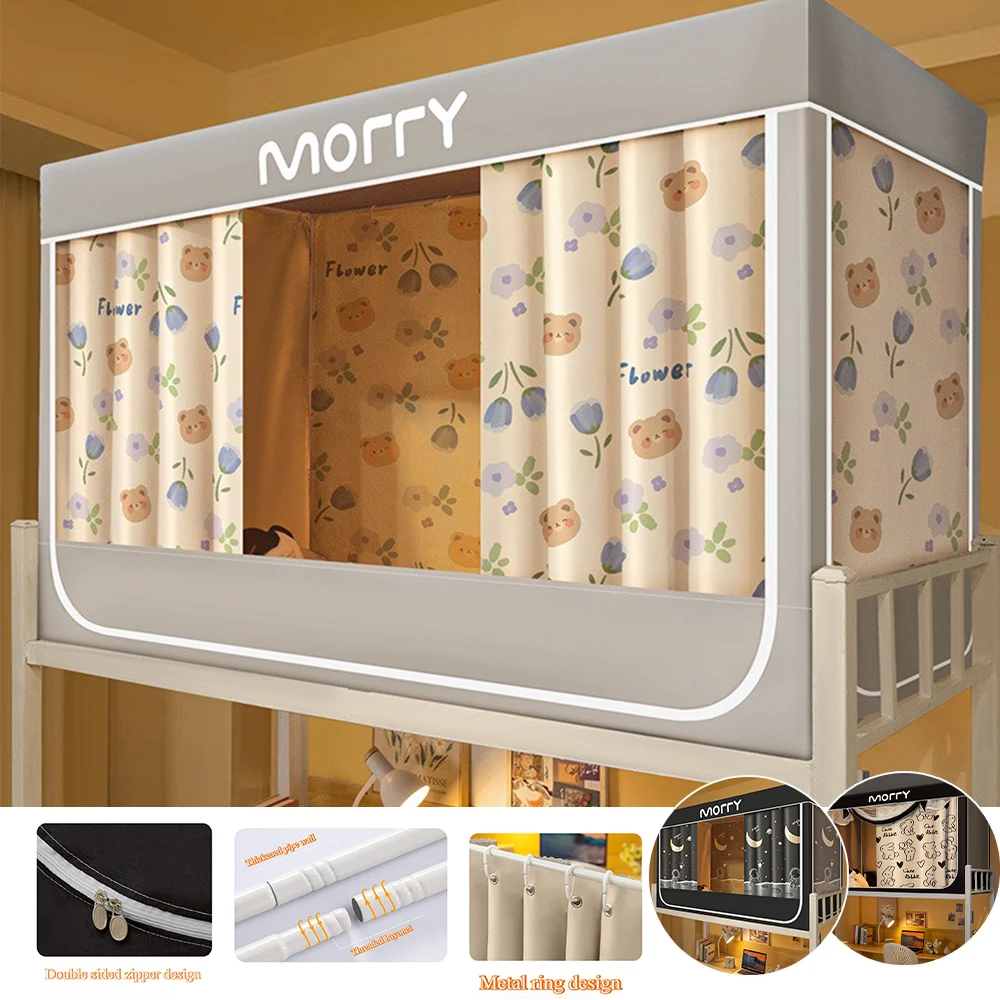 Student Coated Bed Curtains Full Blackout Curtains Cute Print Summer Mosquito Repellent Bed Curtain Bunk Bed with Ceiling Tent