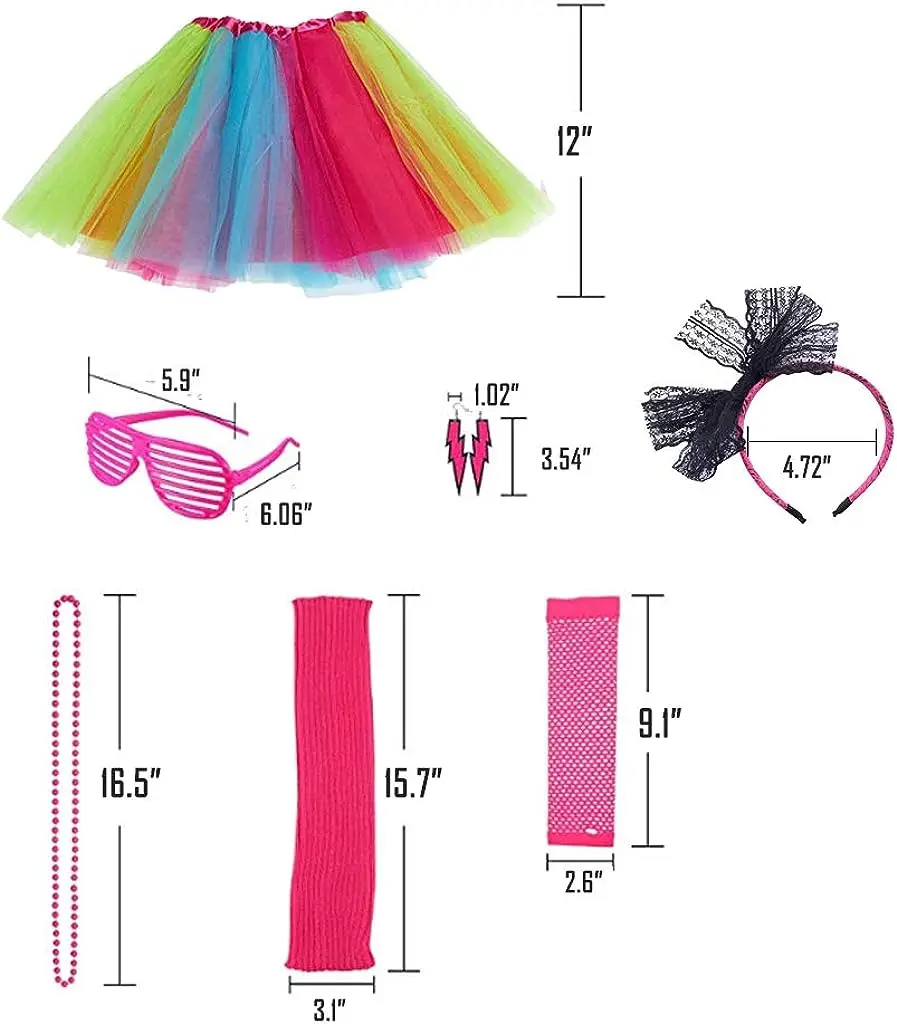 PESENAR Adult Tutu Skirt Leg Warmers Fishnet Gloves Earrings Necklace Shutter Glass Lace Hairband for 80s Accessories