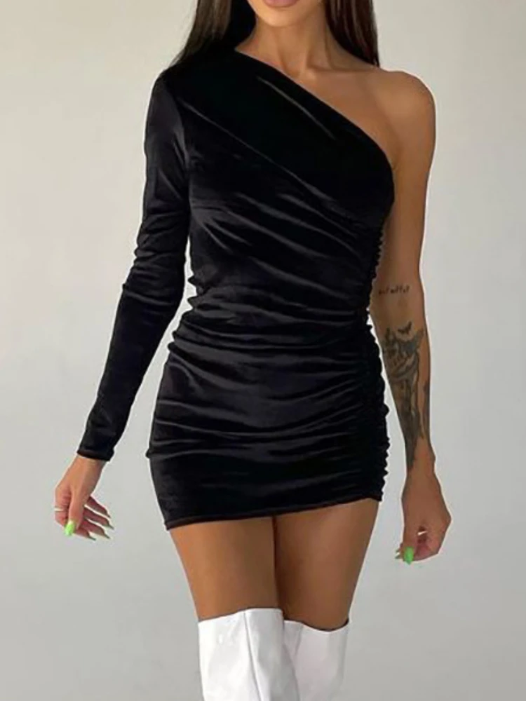 

Sexy Off One Shoulder Shirring Velvet Bodycon Mini Dress Women Long Sleeved Diagonal Collar Skinny Dress Elegant Club Party