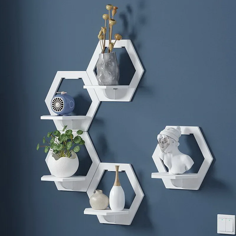 

1/3Pcs Hexagon Wall Shelf Punch Free Bedside Wall Display Stand Wall Mounted Flower Pot Holder Tv Background Hanging Organizer