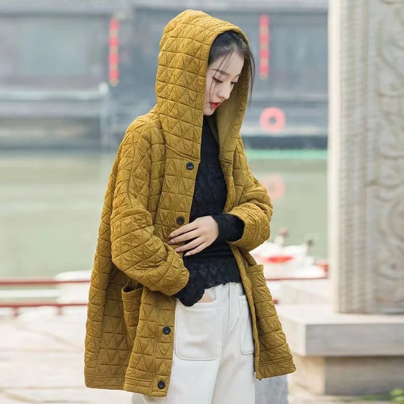 

Winter Medium Long Styles Cotton Female Jacket Geometry Diamond Women Hooded Coat 2024 Fashion Cardigan Cotton Clip Lady Outwear