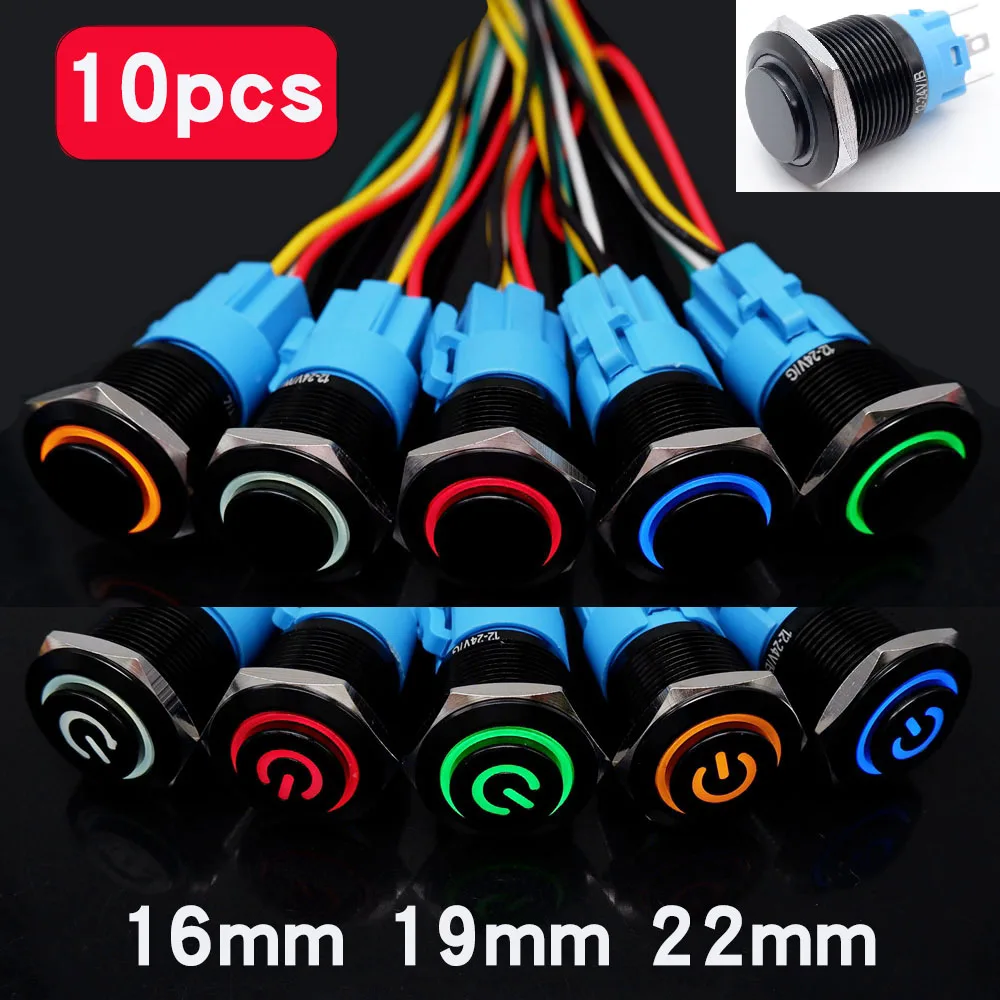 

10pcs 16mm 19mm 22mm Metal Button Car Start Switch Black High Head LED Light 5v 12v 220v Self Locking Self Resetting With Socket