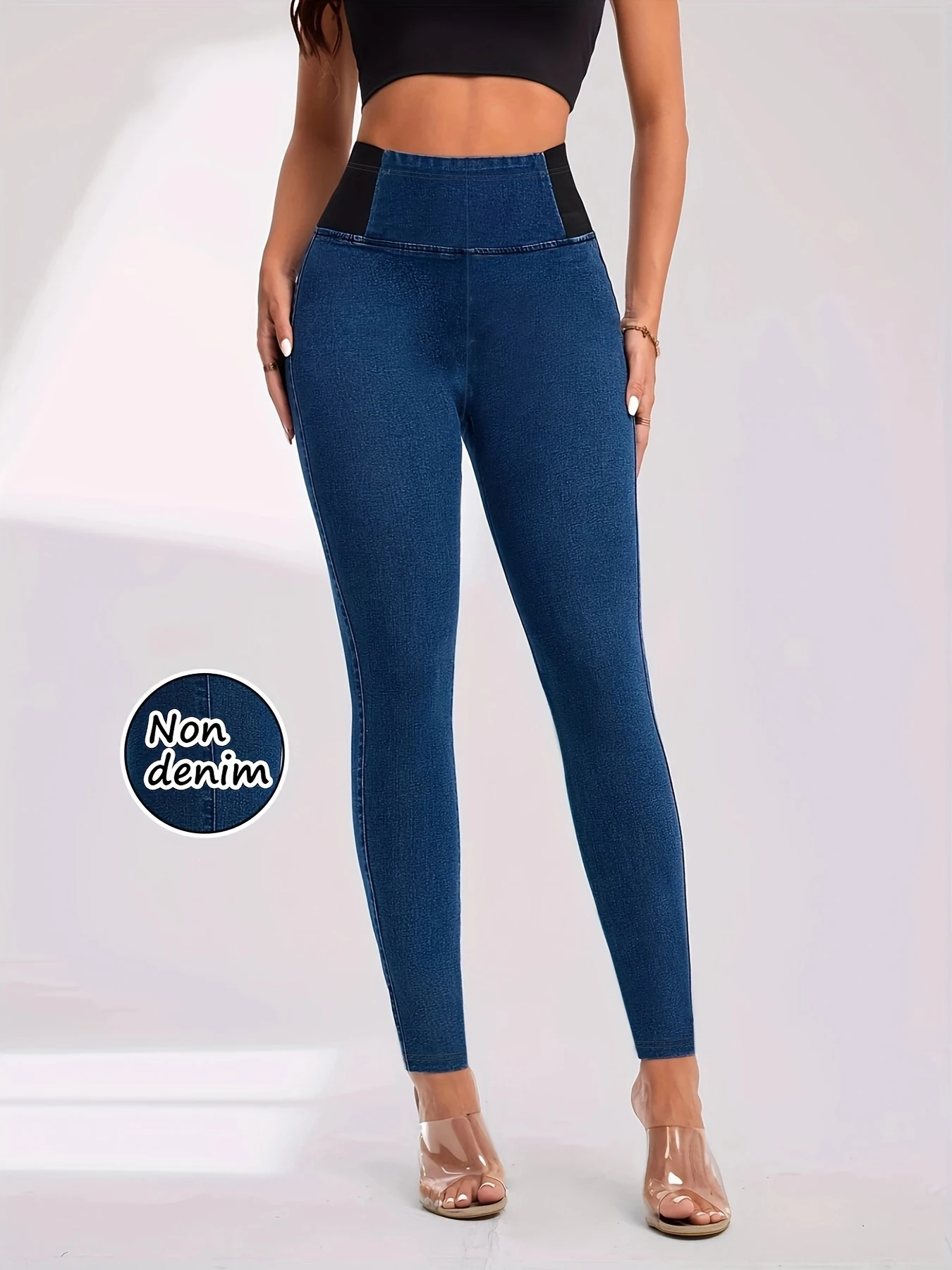 Women Spring Elastic Waist Imitation Denim Slim Stretch Pants Vintage Pencil Non-Denim Leggings quick drying breathable pants - Image 2