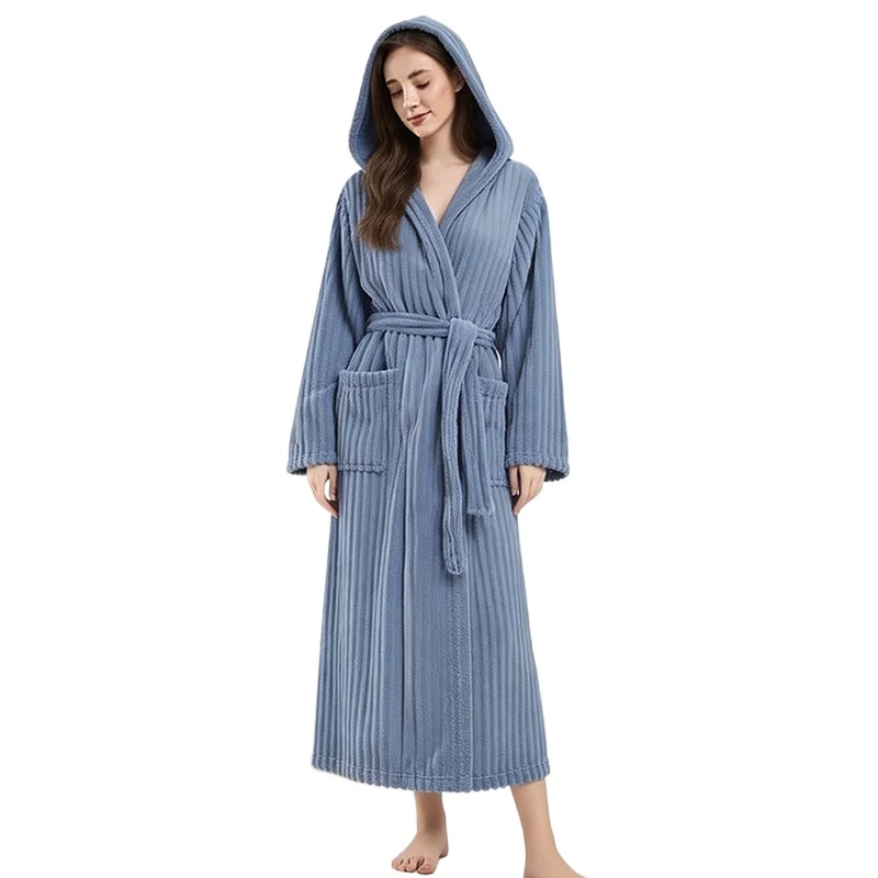 Large Size Warm Winter Hooded Bathrobe Candy Bar Coral Fleece Nightgown Absorbent Quick Drying Breathable Skin Friendly Women