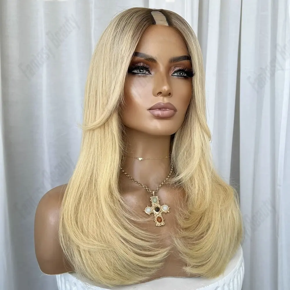 

Темный корень блондинка Ombre 1x4 U-образный парик из человеческих волос Натуральные прямые для женщин Легко носить Полный машинный парик с V-образной частью Европейские волосы