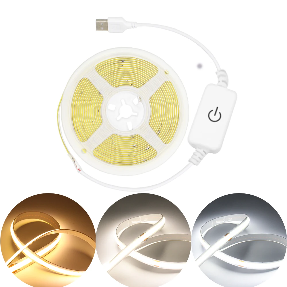 5V USB Touch Sensor Switch COB LED Strip Light ON/OFF Dimming 320Led/M Light belt Flexible Led Light Bright Dimmable for Bedroom