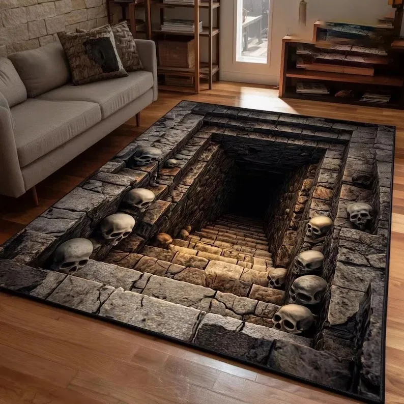 3D Terrifying Skeleton Printed Carpet Phantom Staircase Illusion Carpet Gothic Halloween Area Carpet Evil Fun Props Gift