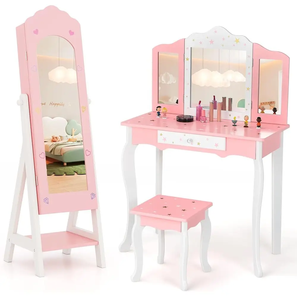 Kids Vanity & lry Armoire Cabinet, Kids Makeup Vanity Table and Chair Set, Standing lry Organizer with ull-Length Mirror, Kids B