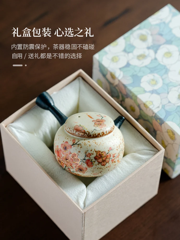 Ceramic Teapot High-End Household Blue and White Firestone Red Pure Hand Drawing Plum Blossom Anti-Scald Side Handle Pot