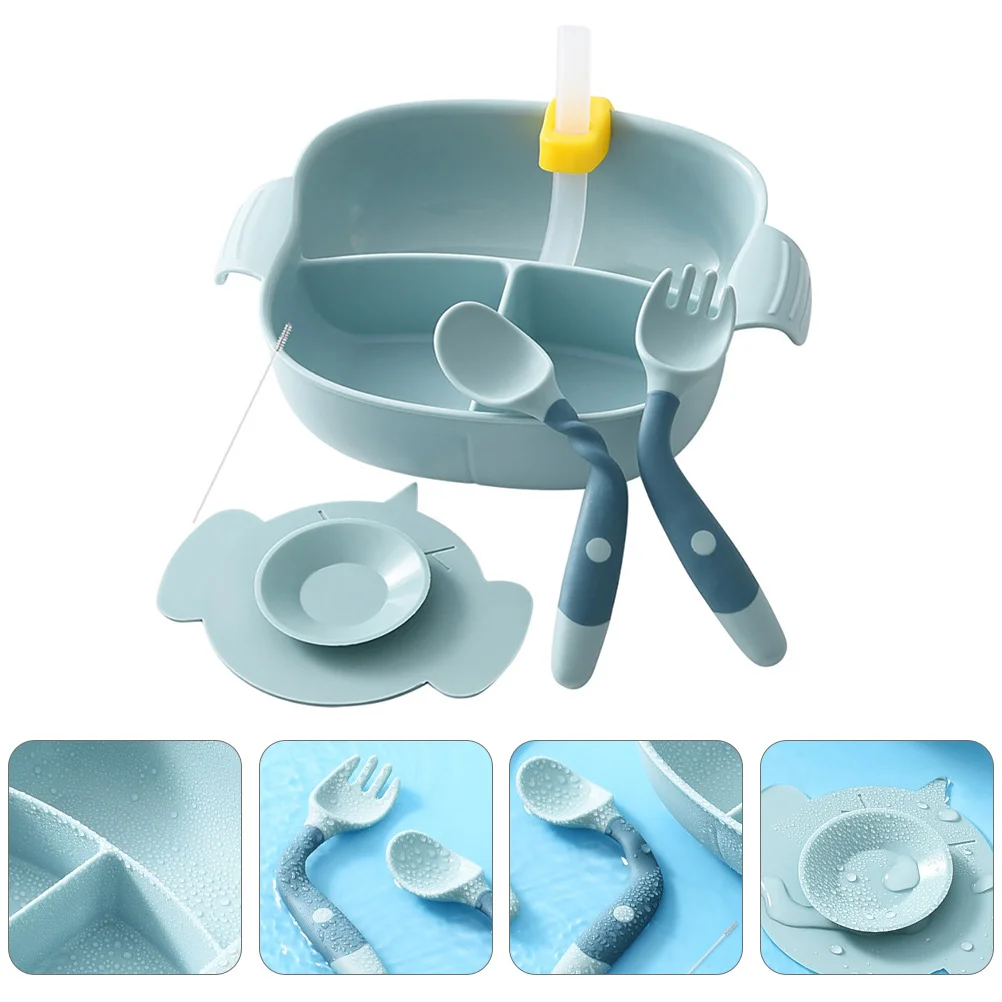 

6Pcs Baby Suction Bowl Set Divided Compartment Tableware Kids Silicone Fork Spoon Dinnerware Kids Suction Plates Set
