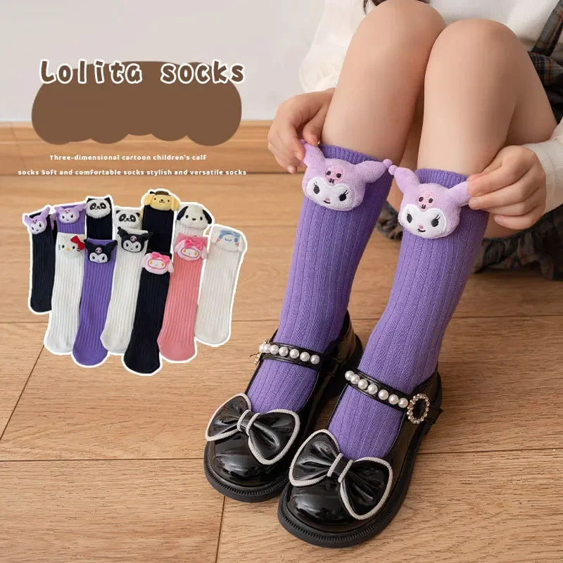 Kaus kaki Anime Sanrio Kuromi My Melody Cinnamoroll untuk anak perempuan kartun Kawaii gaya Korea kaus kaki siswa trendi setengah tabung