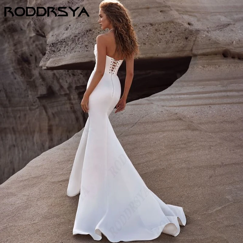 RODDRSYA Beach abito da sposa a sirena per donna abiti da sposa senza spalline in raso morbido senza maniche Lace Up Backless Vestidos De Novia Beach abito da sposa a sirena per donna abiti da sposa senza spalline in r