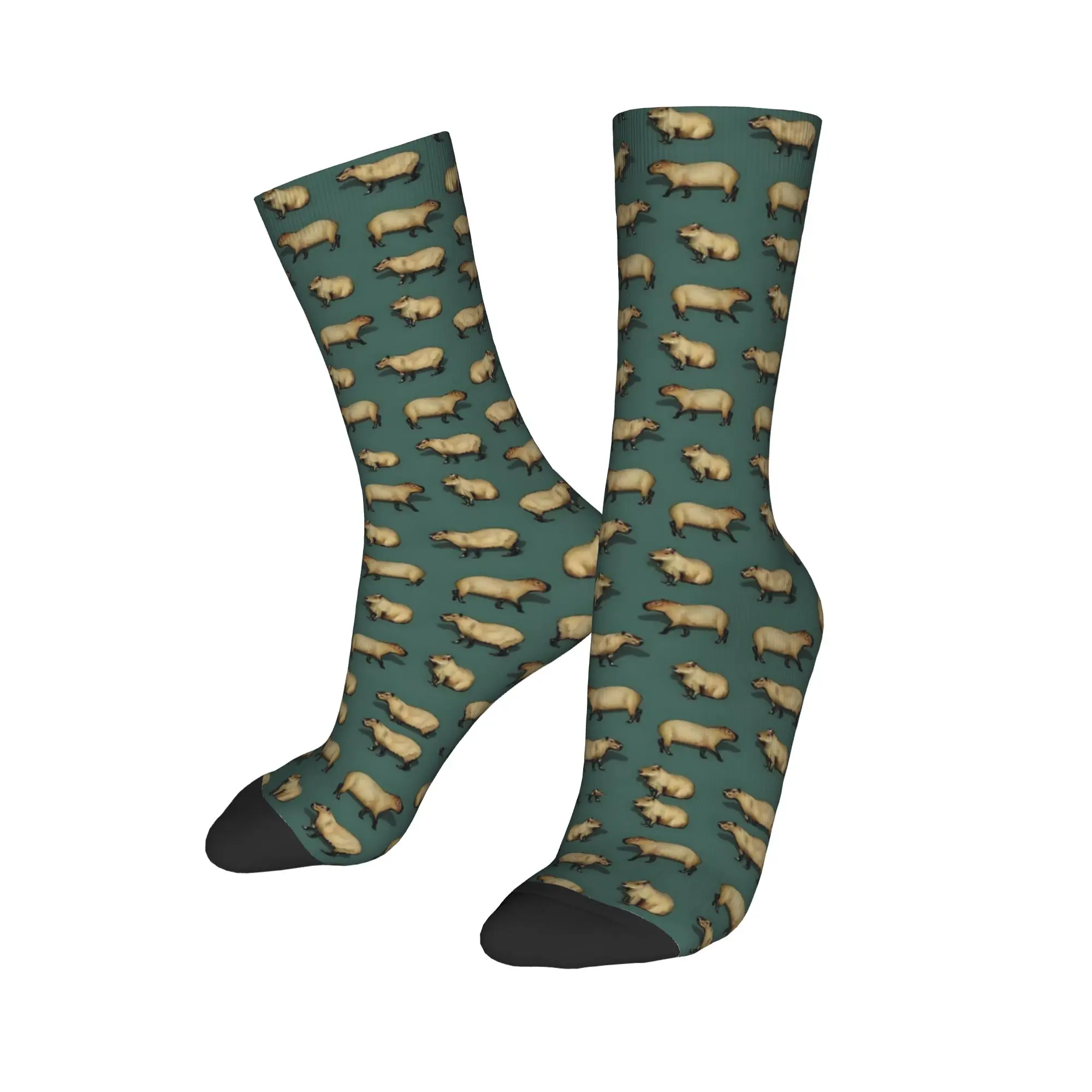 

Custom Cute Dark Teal Capybara Men's Crew Socks Unisex Funny 3D Printing Giant Rodents Dress Socks