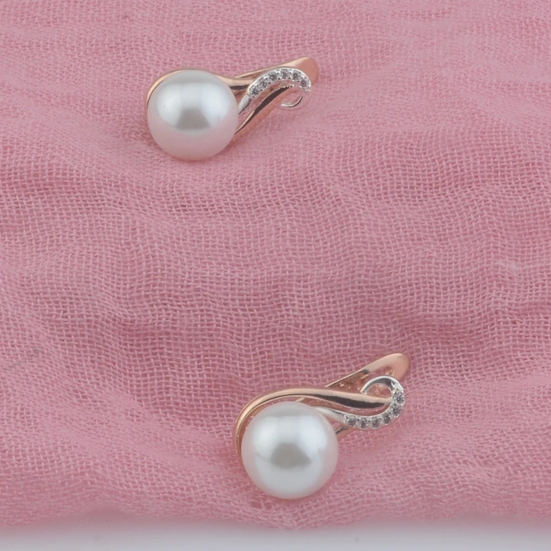 FJ New Simulated Pearl Round White Patterned Women 585 Rose Gold Color Ball Earrings