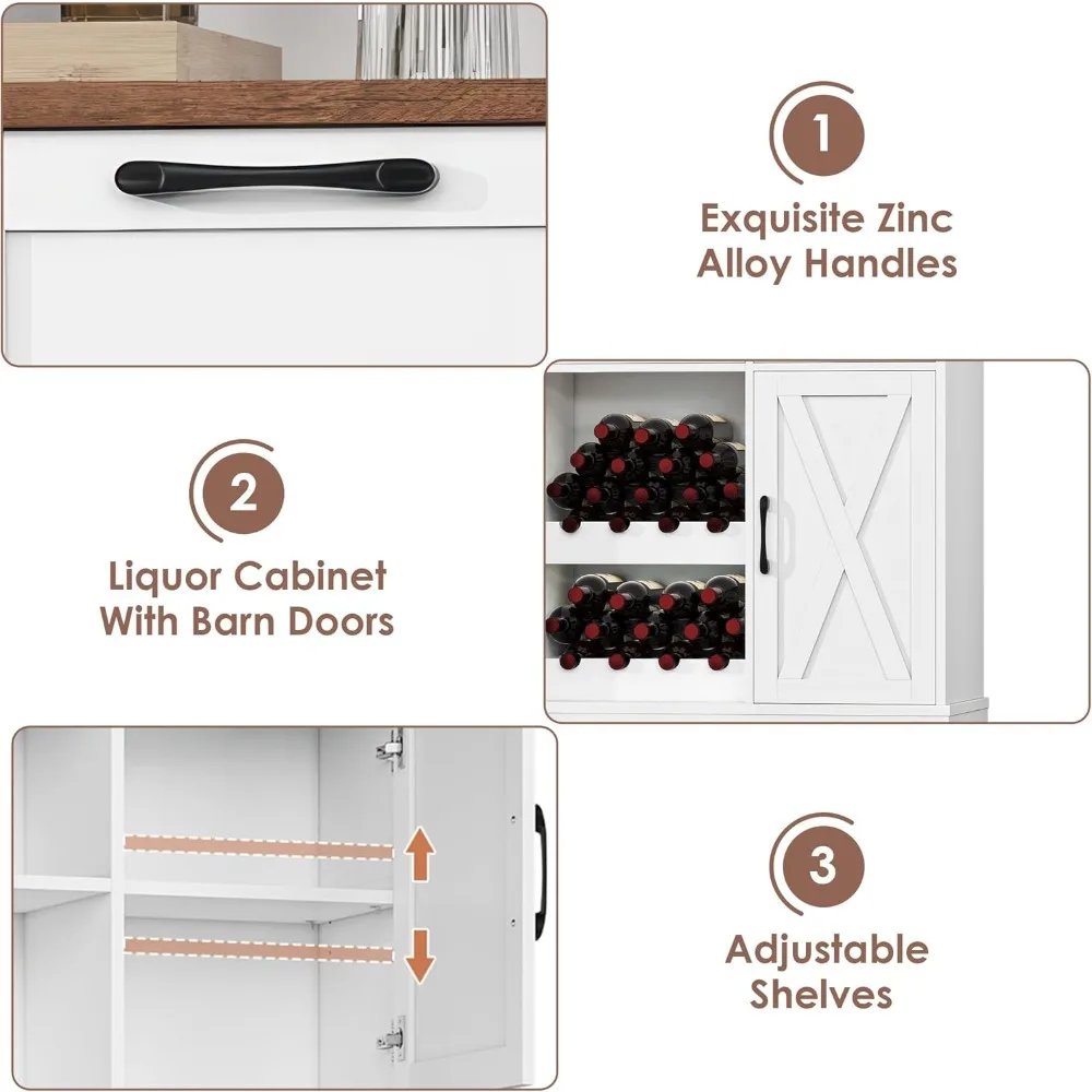 Armário de armazenamento de cozinha alto rústico com portas de celeiro, prateleiras, gavetas e gaiola de bar