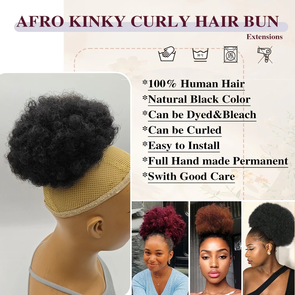 Ekstensi ekor kuda dengan tali serut Afro Puff untuk wanita warna hitam 100% rambut manusia jepit pada ekor kuda keriting keriting tahan lama lembut alami