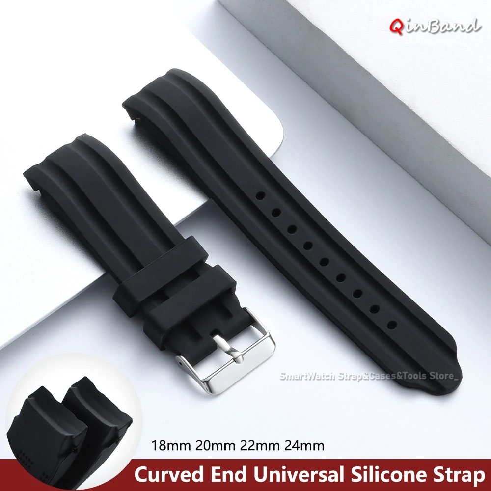 Curved End Universal Watch Strap 18mm 20mm 22mm 24mm Silicone Watchbands Thickened Soft Waterproof Bracelet Band for Men Women