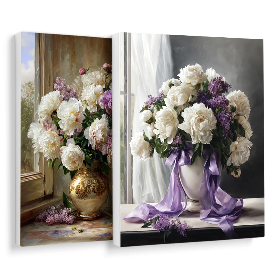 

RUOPOTY Painting By Numbers On Canvas For Beginner Retro white purple Flowers Framed Crafts Wall Art Modern Drawing By Numbers