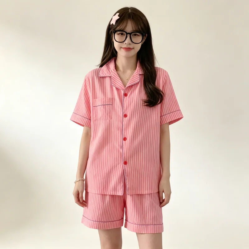 CHUANGERM Women Sleepwear Summer Short Sleeved Shorts Breathable Comfortable Set Lapel Cardigan Home Clothes Wearable Outside