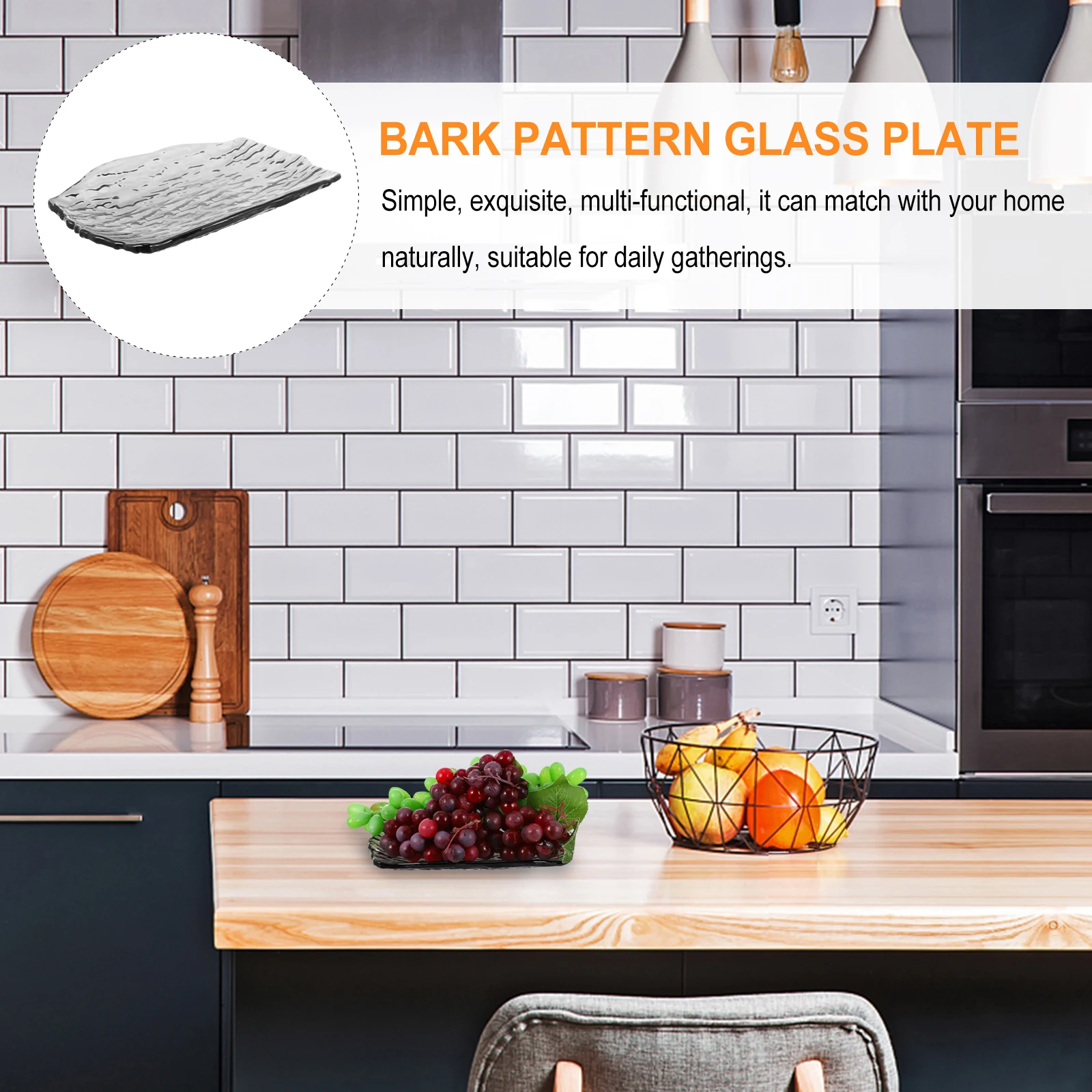 

Bark Texture Glass Fruit Plate Eco Friendly Safe Multifunctional Home Party Dessert Serving Tray Stable Comfortable Design