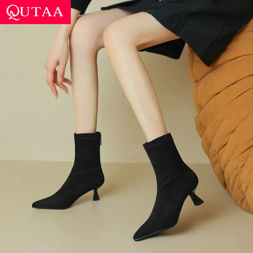 QUTAA 2024 Thin Med Heels Elegant Women Ankle Boots Flock Zipper Autumn Winter Pointed Toe Office Lady Shoes Woman Size 34-40