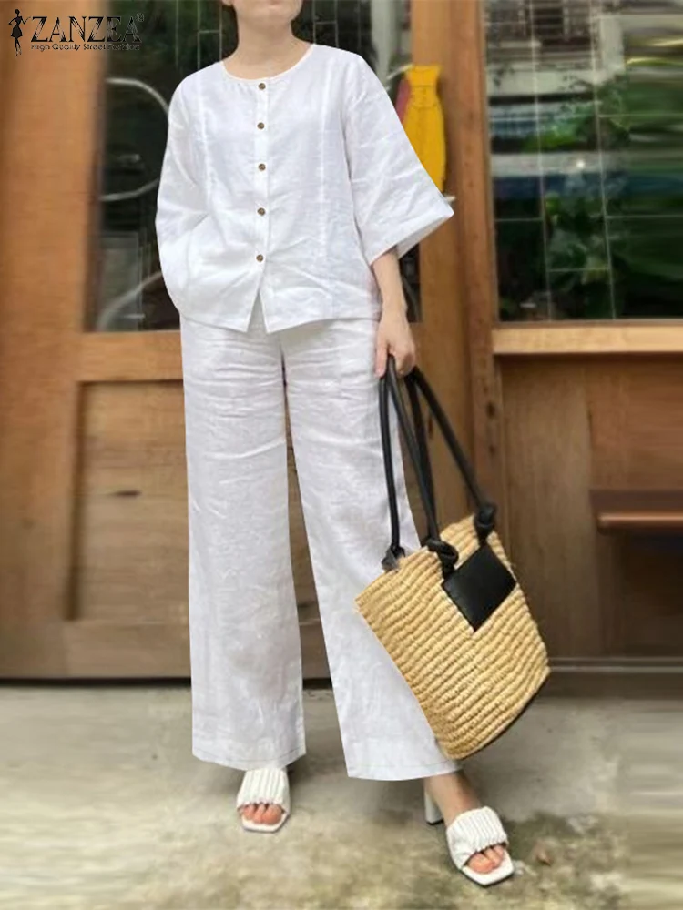 2PCS Fashion 3/4 Sleeve Shirt Wide Leg Pant Sets ZANZEA 2024 Summer Matching Sets Women Elegant Solid OL Work Suits Tracksuits