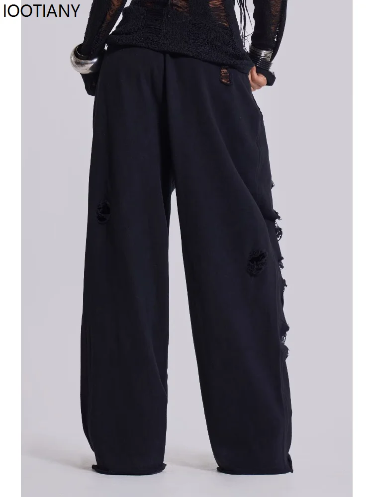 Black Women's Wide Leg Pants Retro Hip Hop Solid Color Sweatpants Ripped Loose Monster Jogger Pants Streetwear Casual
