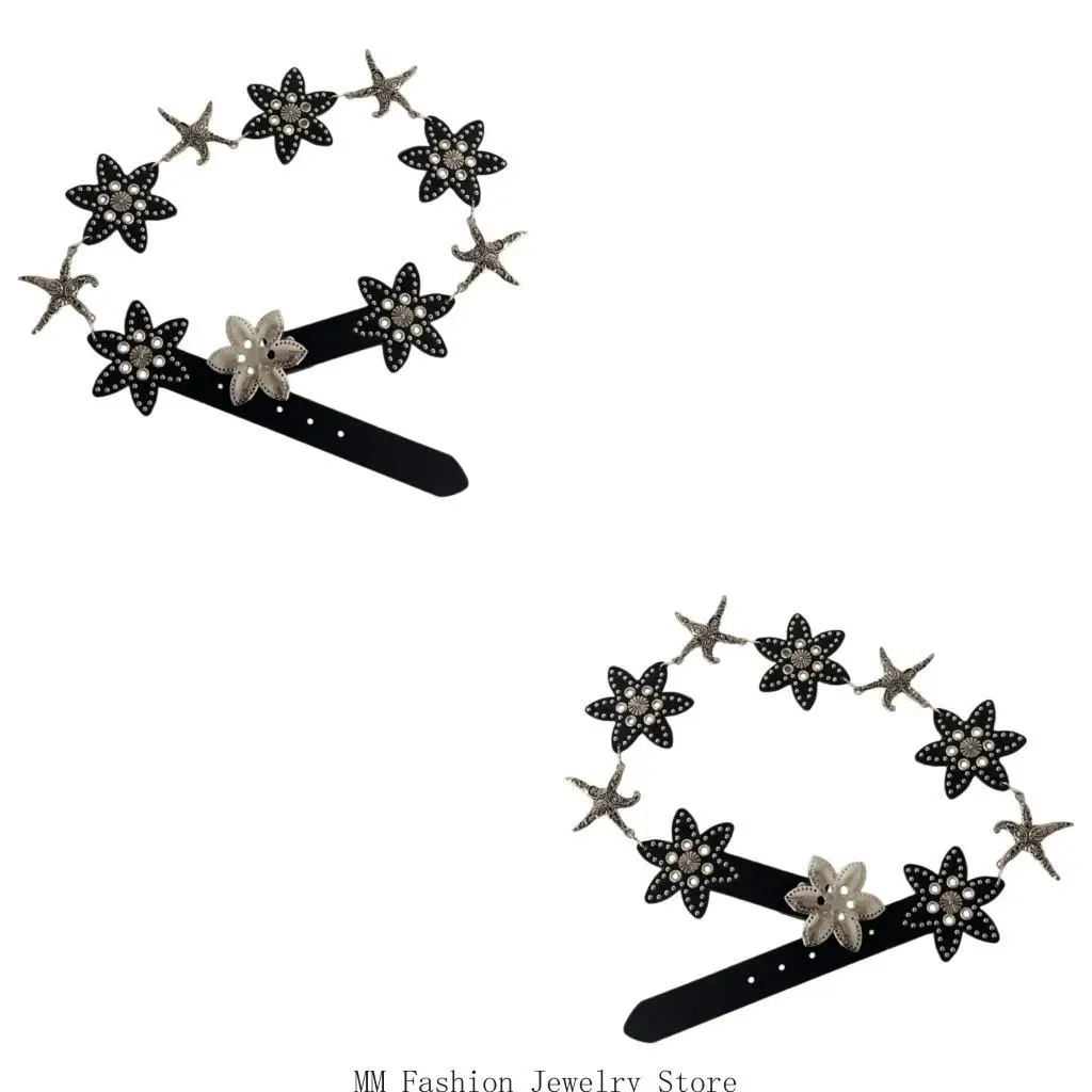 Adjustable Decorative Belt with Silver-Tone Sea Trim, Shell Plates and Dark Faux Leather Strap for Outfit Styling Daily D0UB