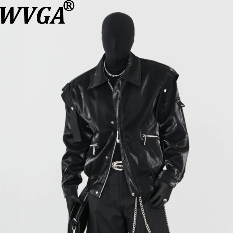 

WVGA Spring Autumn New Men Metal Glossy Short Padded Shoulder Jacket Niche Chic Casual Zipper Trendy Long Sleeve Coat Ins W15580