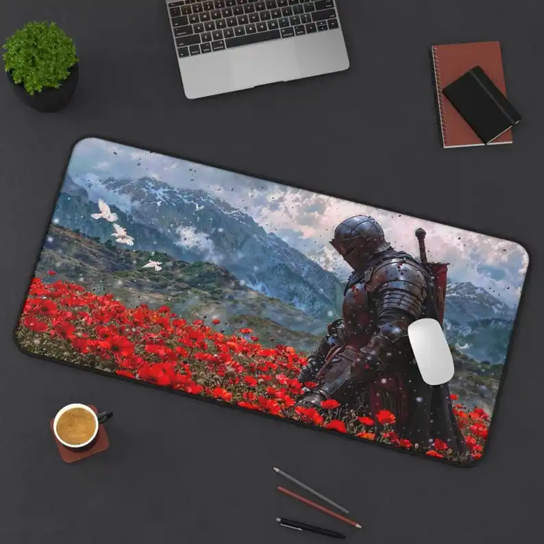 لوحة ماوس Epic Knight RGB - محارب القرون الوسطى في حقل الخشخاش، حصيرة مكتب ألعاب الخيال #2