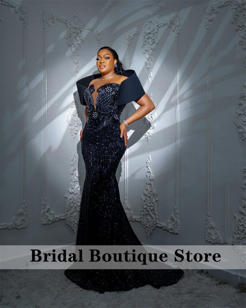 Elegant Black Aso Ebi Mermaid Evening Dress Beads Crystal Diamonds Glitter Birthday Prom Wedding Party Gowns Vestidos