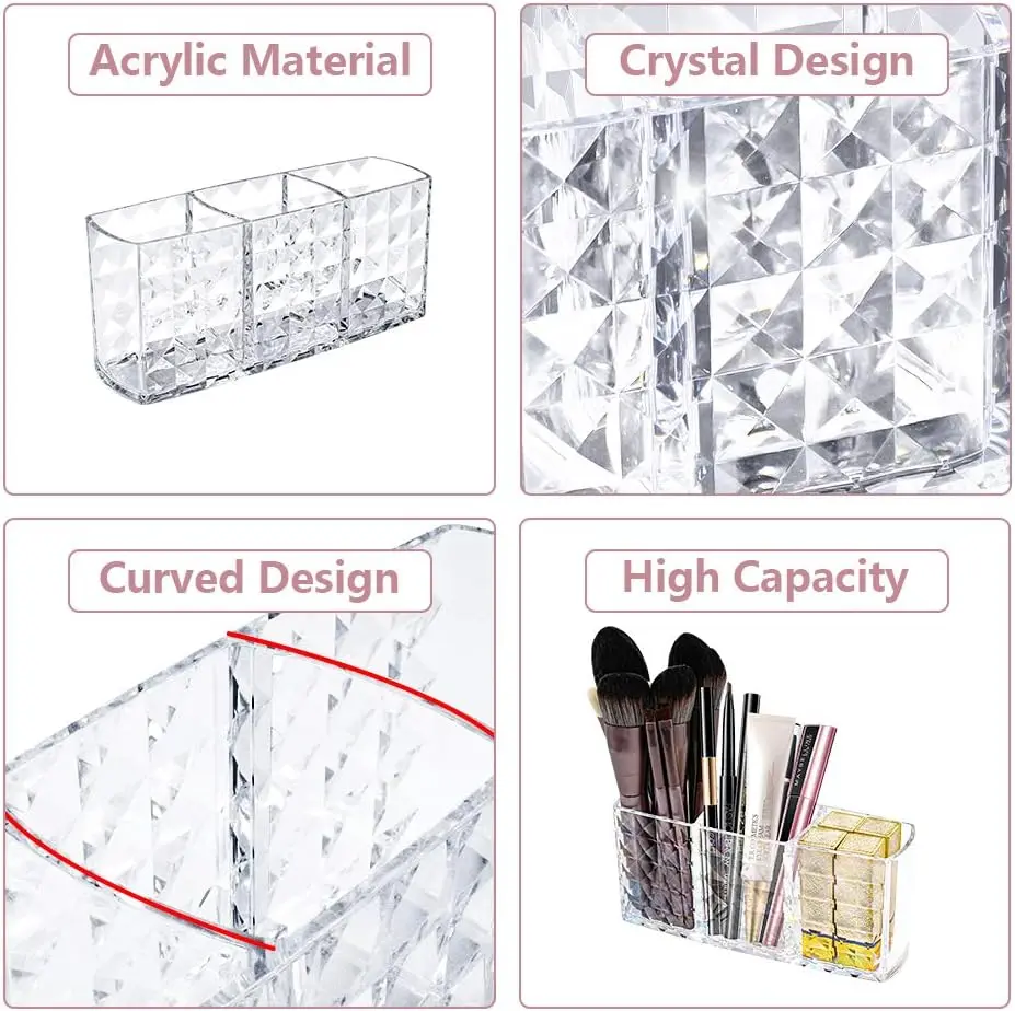 Organisateur cosmétique, porte-brosse de maquillage en cristal à 3 compartiments pour eye-liners, rouge à lèvres, mascara, rangement de maquillage en acrylique pour le bain