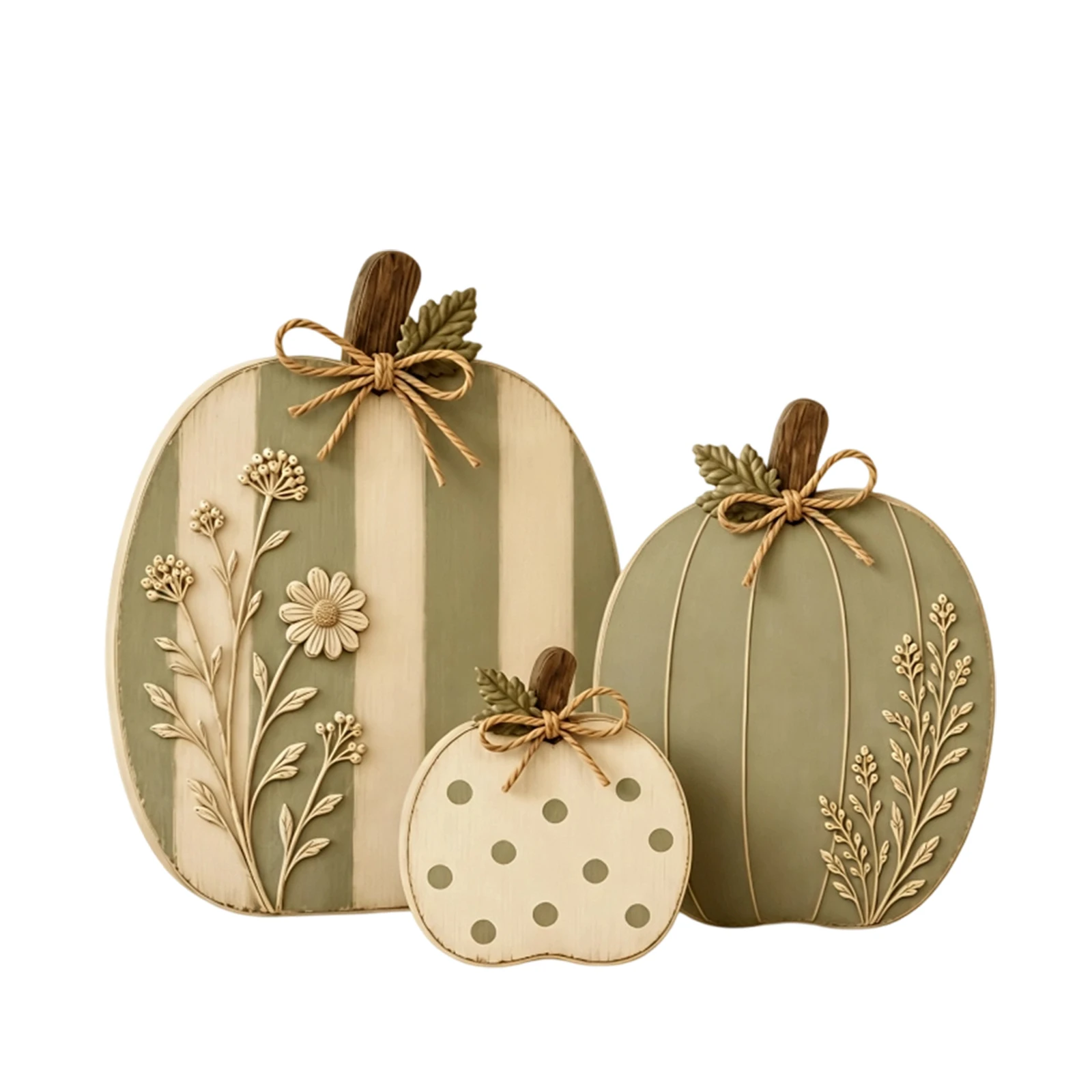 Floral Wooden Pumpkin Set of 3 Sage Green Farmhouse Fall Decor Rustic Harvest Thanksgiving Centerpiece