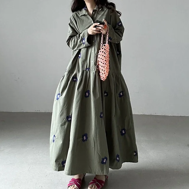 تنورة كلاسيكية يابانية مطرزة بالزهور الثقيلة مع ياقة واقفة وزر واحد فضفاض على شكل حرف A للنساء #2