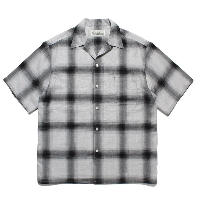 Summer Cuban Neck Blue Black WACKO MARIA Check Plaid Digital Print Mens Womens Loose Hawaiian Short Sleeve Shirt